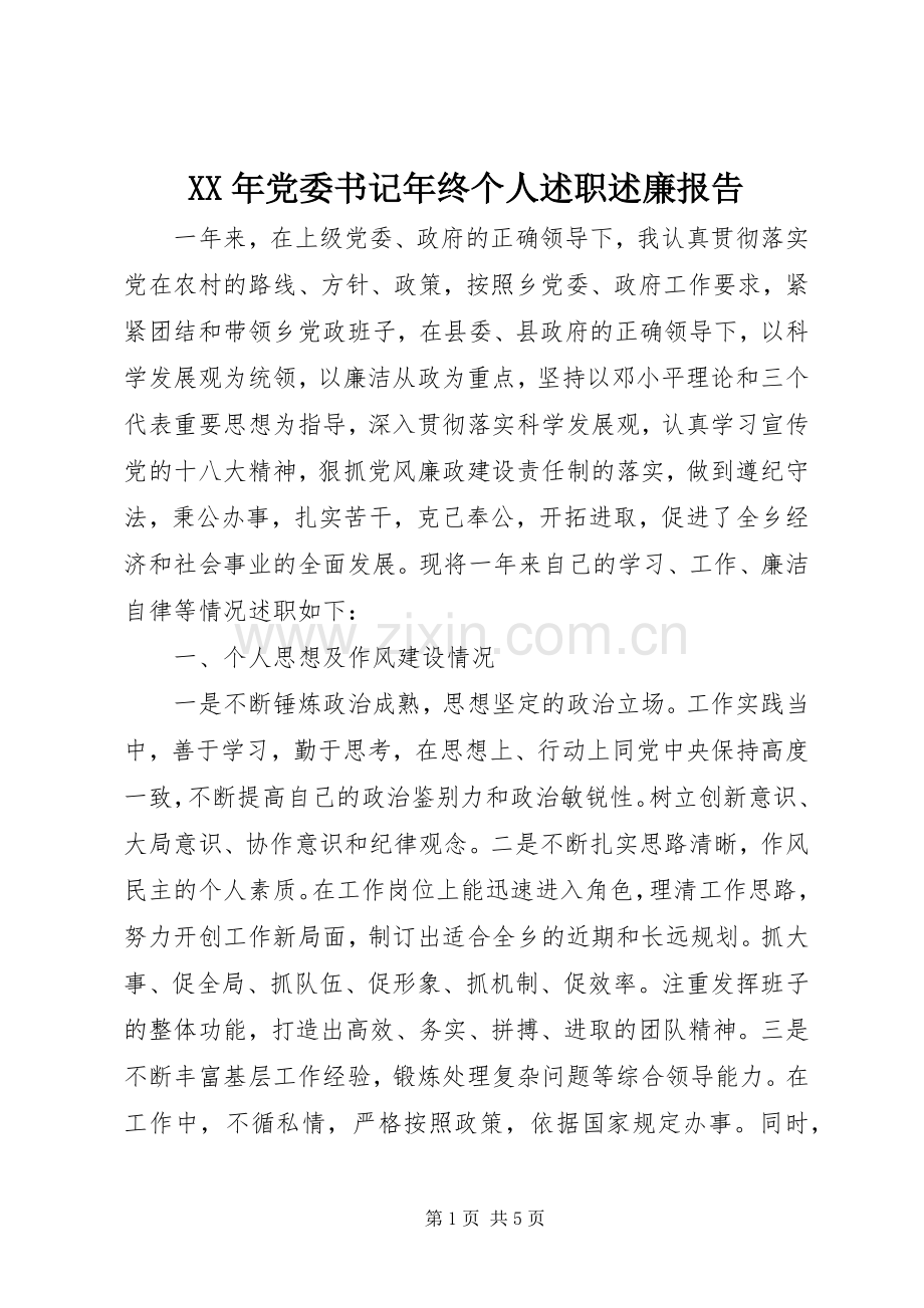 XX年党委书记年终个人述职述廉报告.docx_第1页