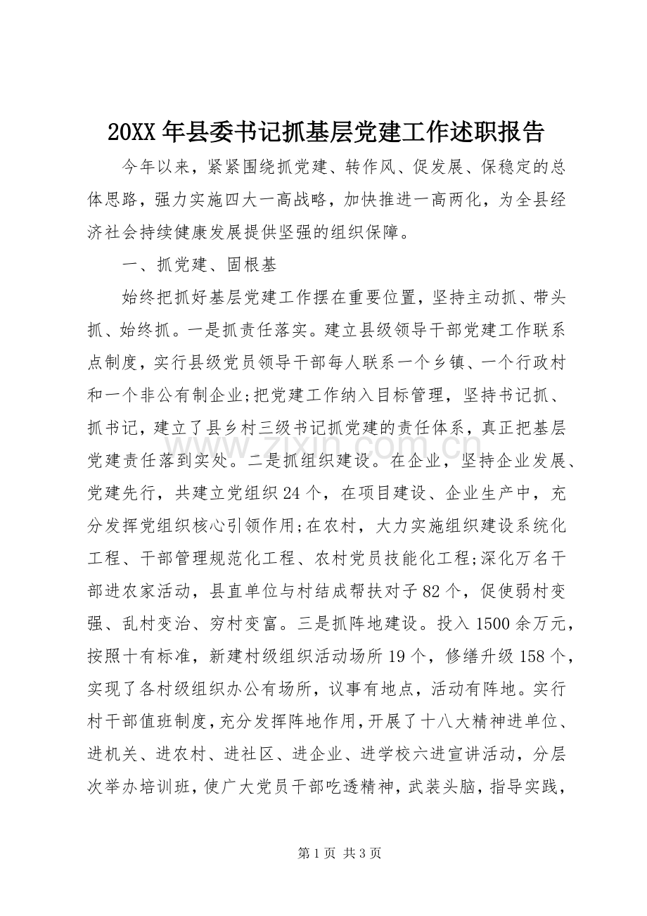 20XX年县委书记抓基层党建工作述职报告.docx_第1页