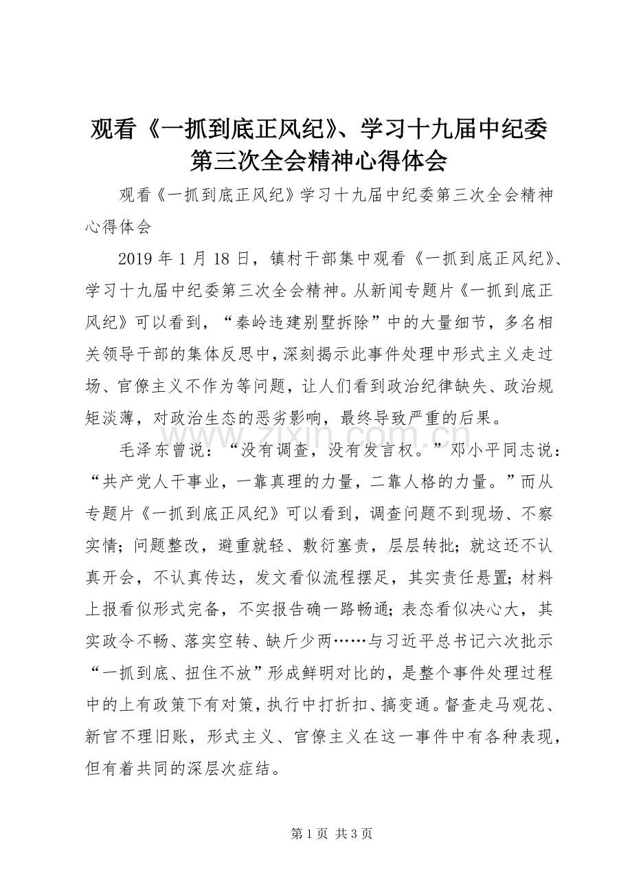 观看《一抓到底正风纪》、学习十九届中纪委第三次全会精神心得体会.docx_第1页