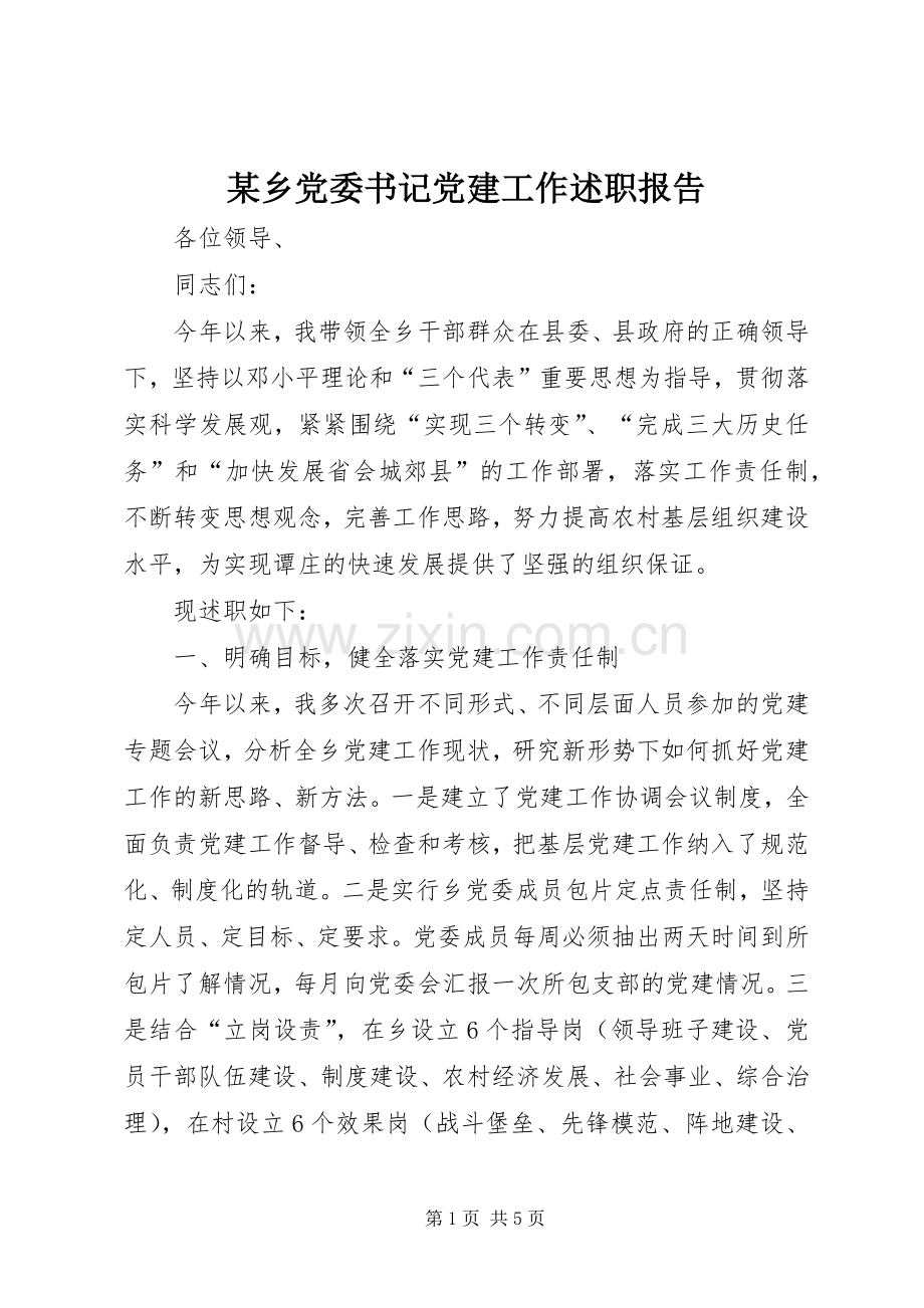 某乡党委书记党建工作述职报告.docx_第1页