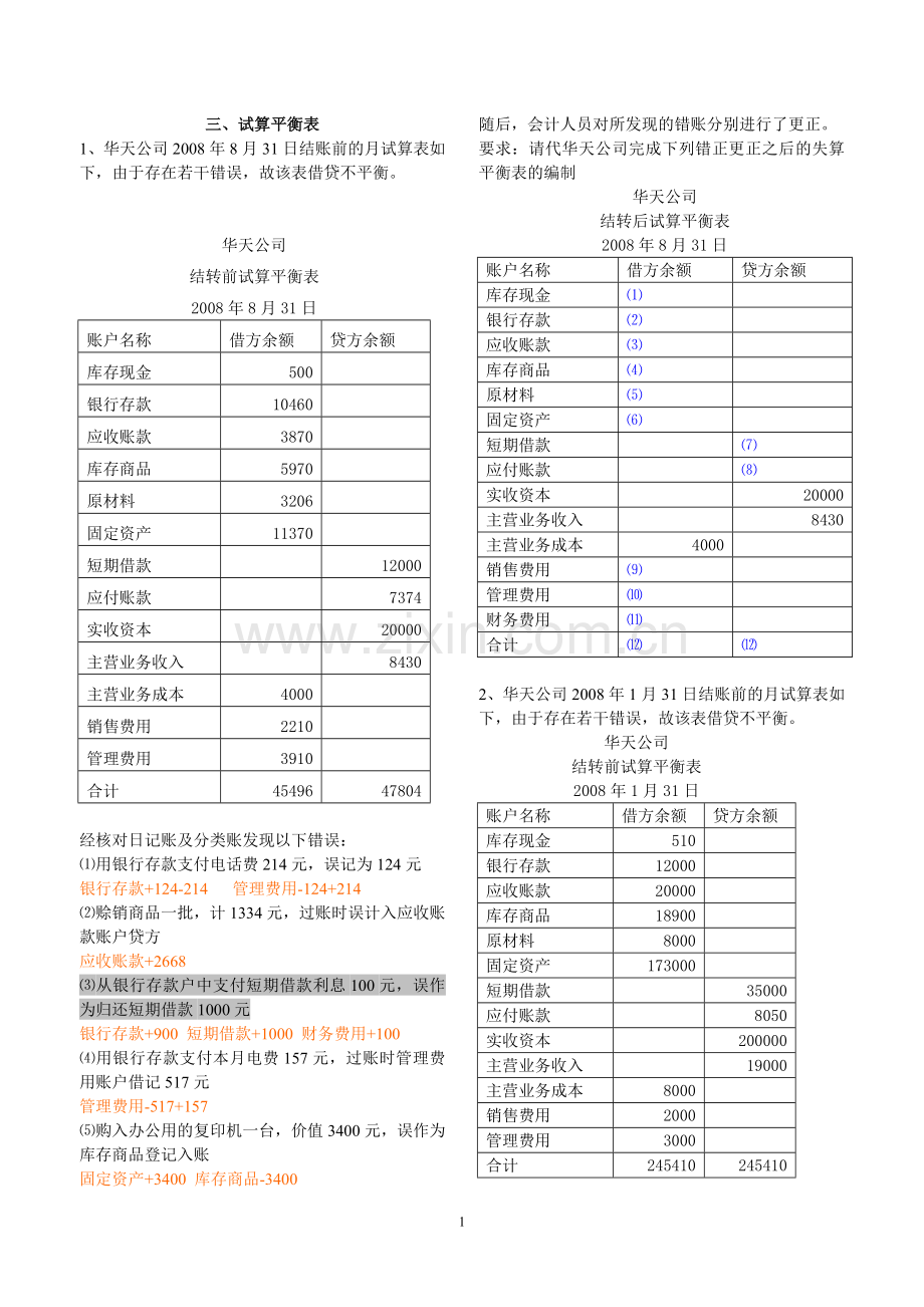 会计基础综合题—试算平衡表(含答案).doc_第1页