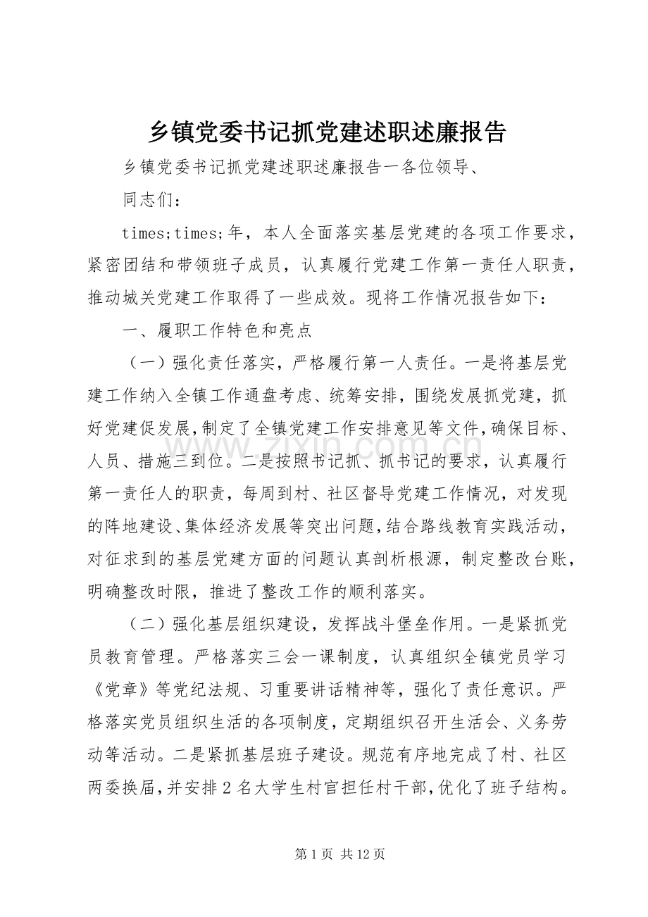 乡镇党委书记抓党建述职述廉报告.docx_第1页