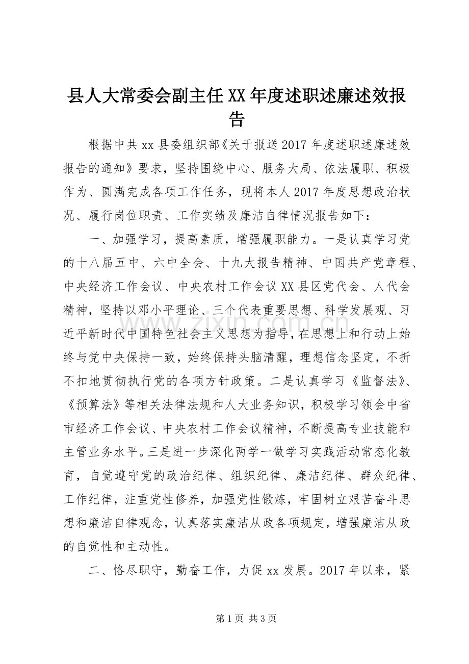 县人大常委会副主任XX年度述职述廉述效报告.docx_第1页