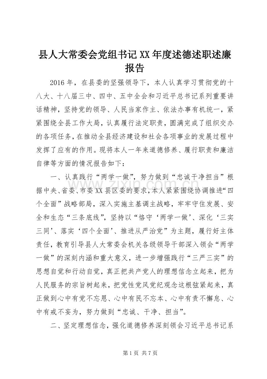 县人大常委会党组书记XX年度述德述职述廉报告.docx_第1页