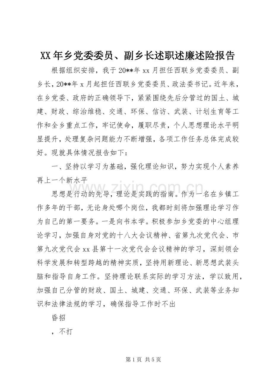 XX年乡党委委员、副乡长述职述廉述险报告.docx_第1页