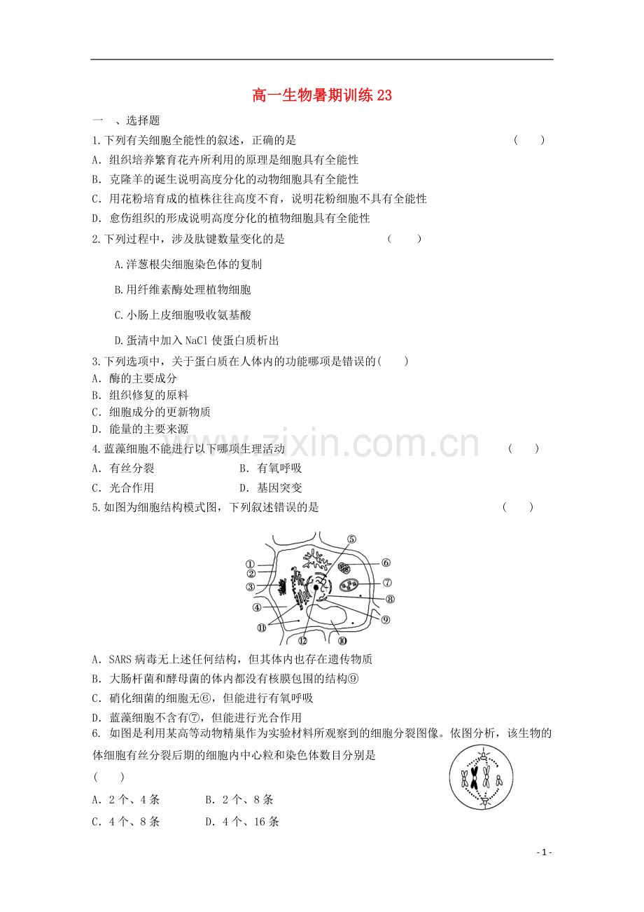 高一生物暑期训练23.doc_第1页