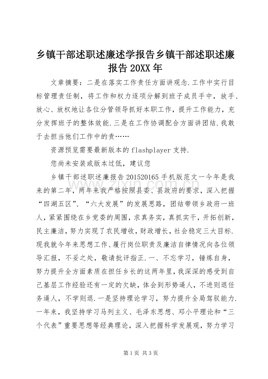 乡镇干部述职述廉述学报告乡镇干部述职述廉报告20XX年.docx_第1页