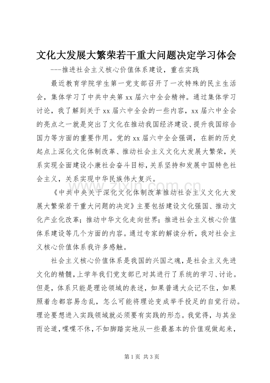 文化大发展大繁荣若干重大问题决定学习体会.docx_第1页