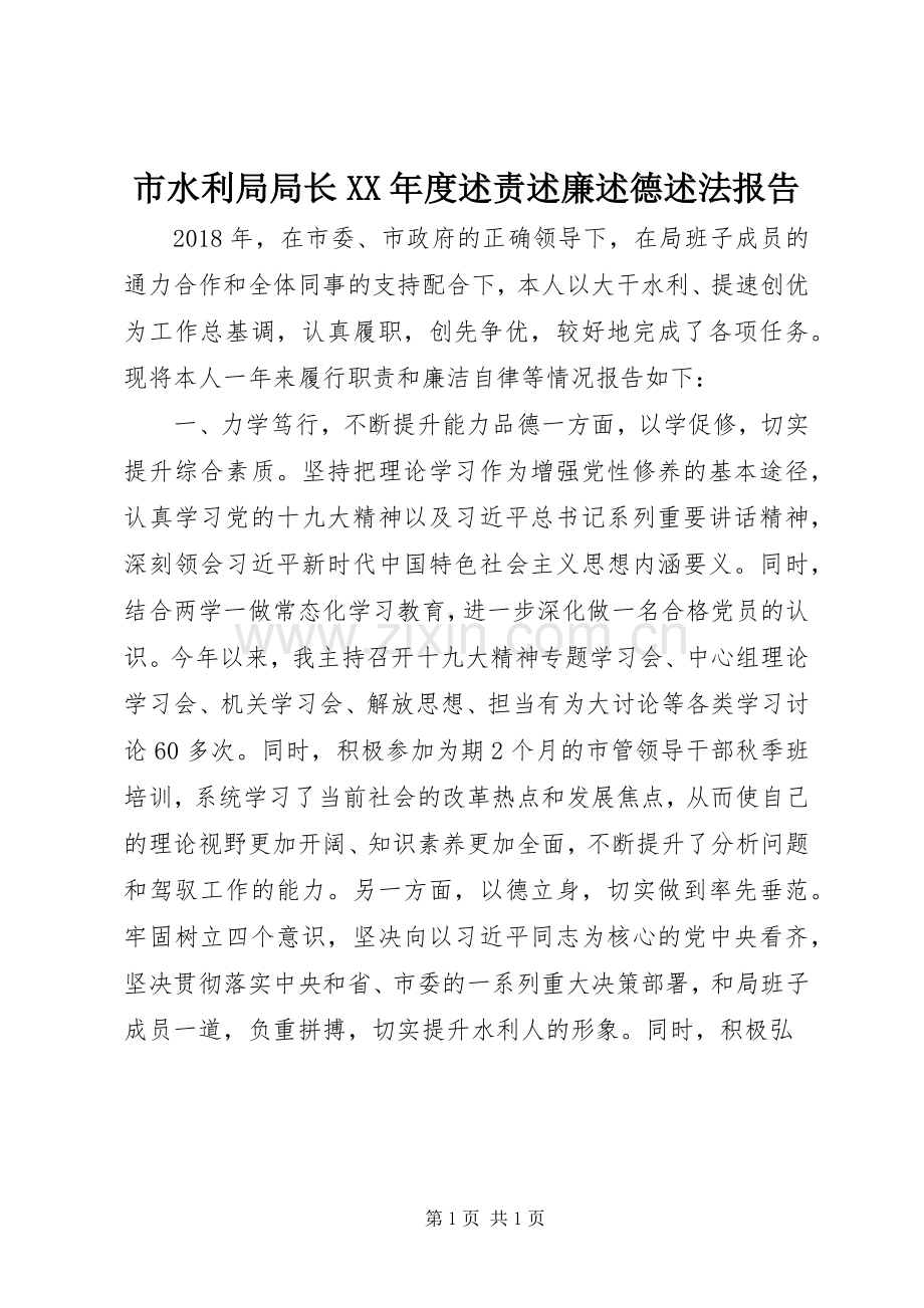 市水利局局长XX年度述责述廉述德述法报告.docx_第1页