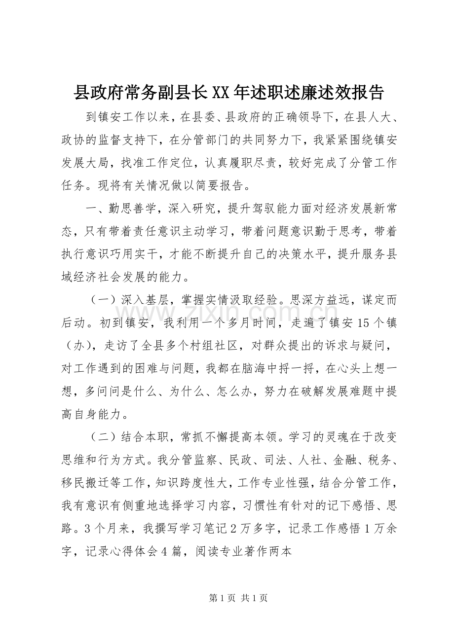 县政府常务副县长XX年述职述廉述效报告.docx_第1页