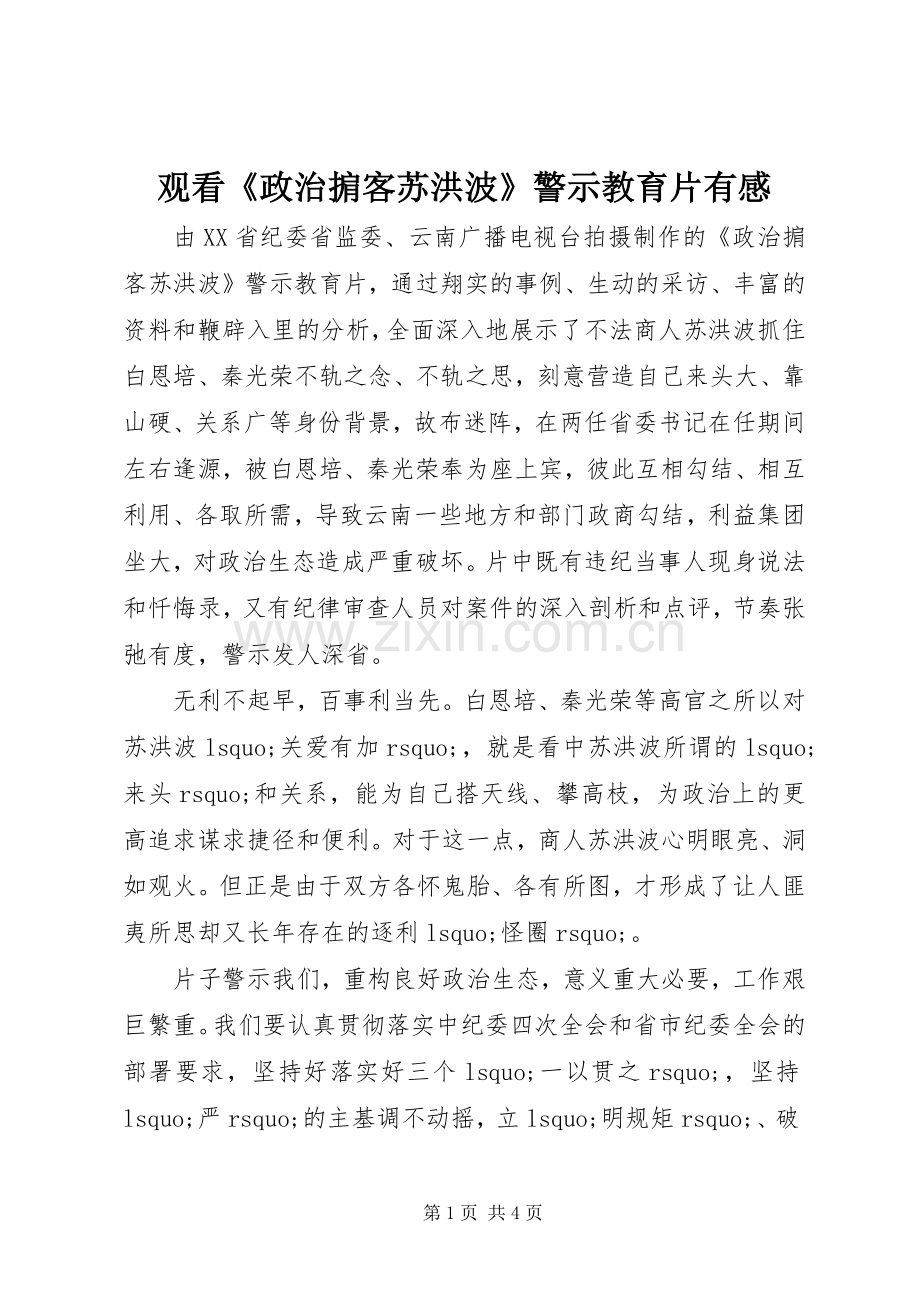 观看《政治掮客苏洪波》警示教育片有感.docx_第1页