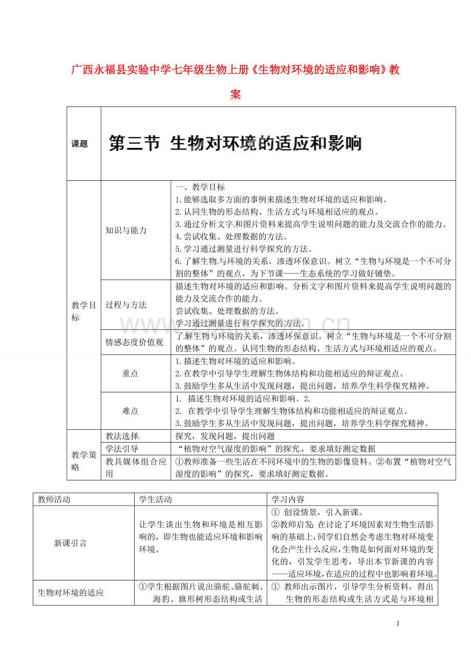 广西永福县实验中学七年级生物上册《生物对环境的适应和影响》教案.doc_第1页