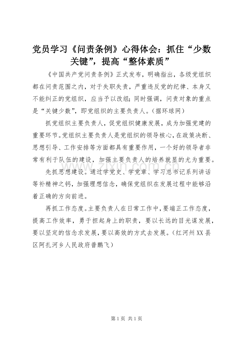 党员学习《问责条例》心得体会：抓住“少数关键”提高“整体素质”.docx_第1页