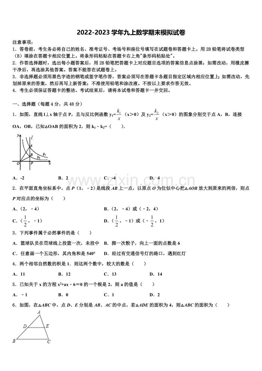 山东德州12中学2022-2023学年九年级数学第一学期期末达标检测模拟试题含解析.doc_第1页