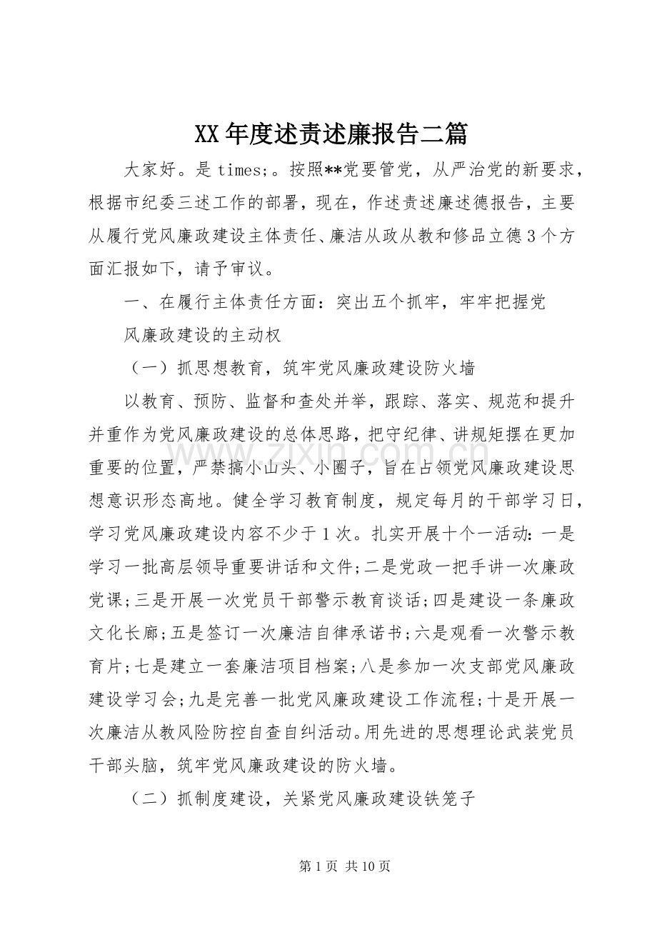 XX年度述责述廉报告二篇.docx_第1页