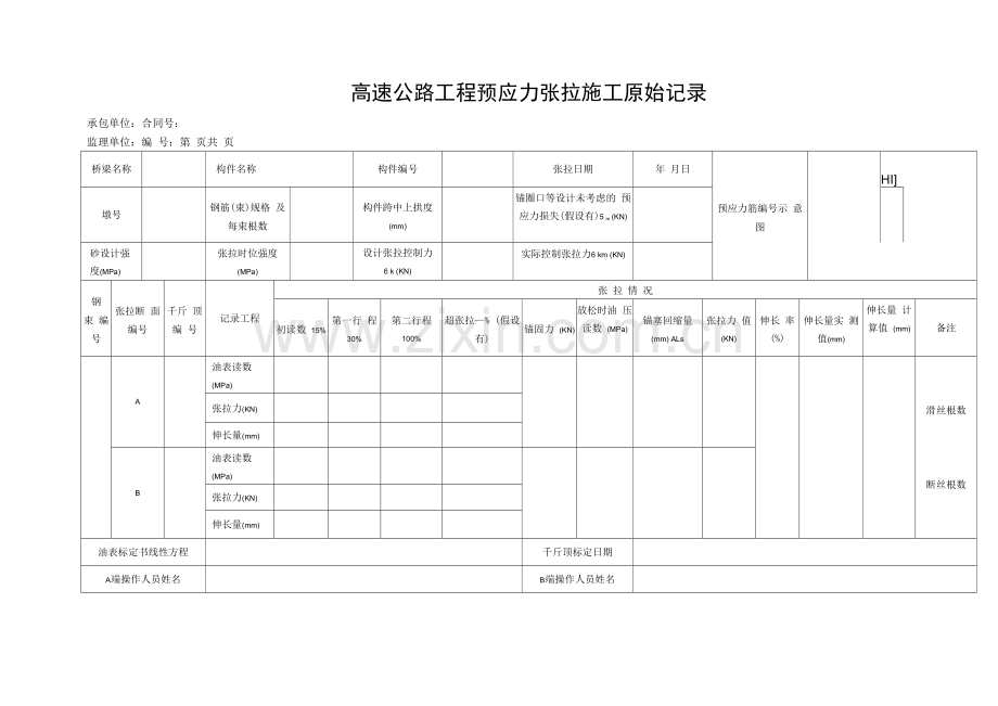 高速公路工程预应力张拉施工原始记录.docx_第1页