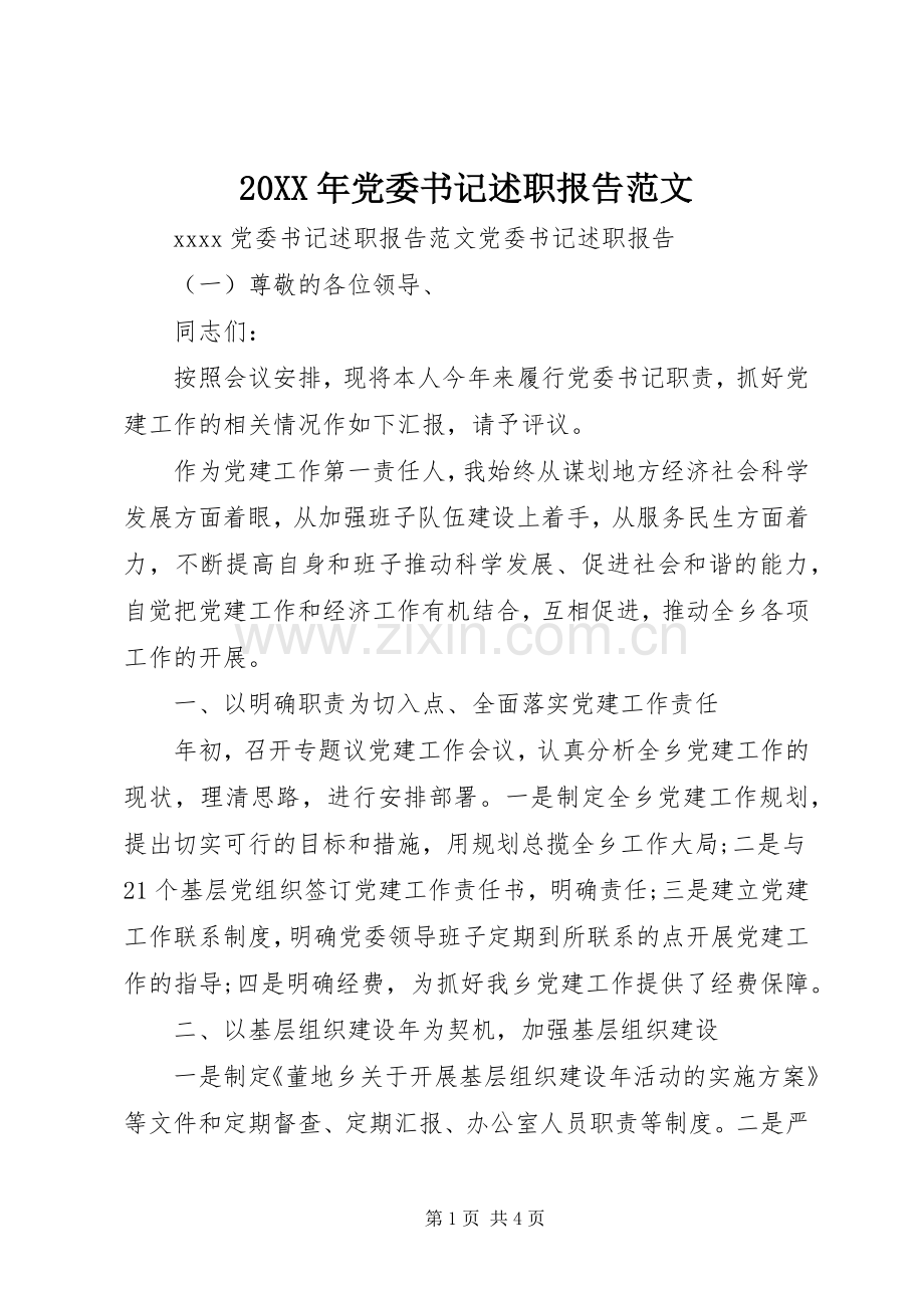 20XX年党委书记述职报告范文.docx_第1页