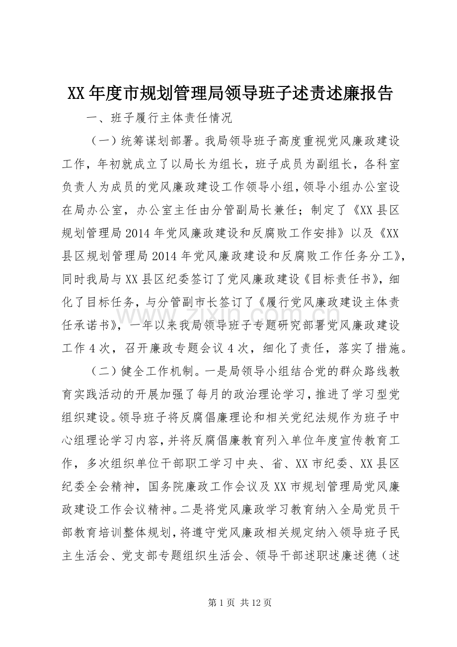 XX年度市规划管理局领导班子述责述廉报告.docx_第1页