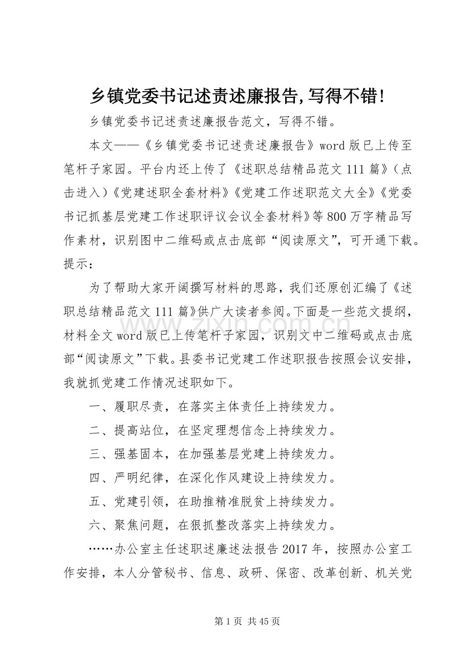 乡镇党委书记述责述廉报告,写得不错!.docx_第1页