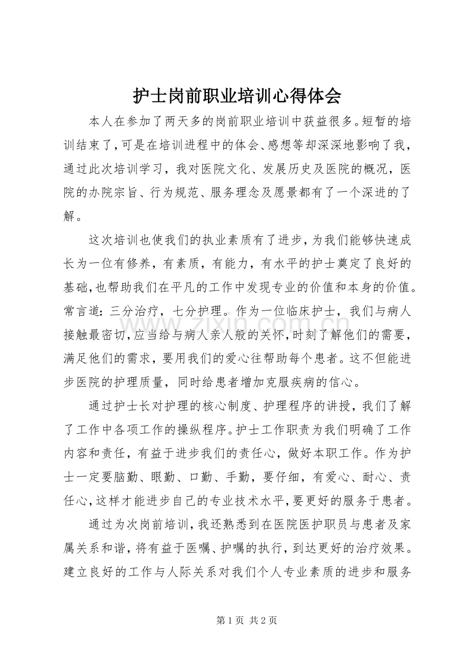 护士岗前职业培训心得体会.docx_第1页