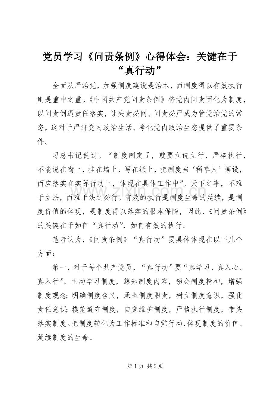 党员学习《问责条例》心得体会：关键在于“真行动”.docx_第1页