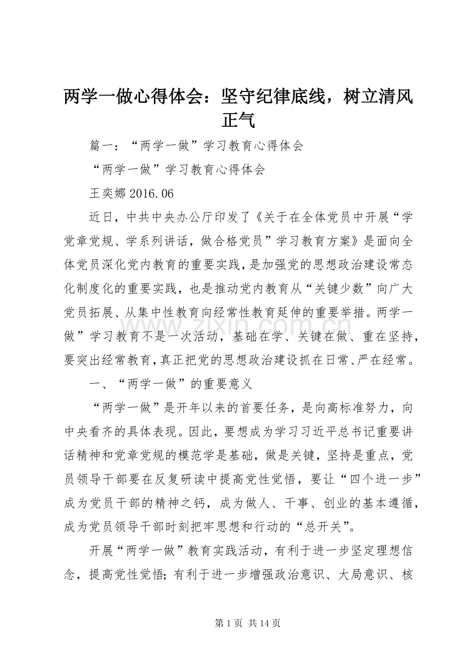 两学一做心得体会：坚守纪律底线树立清风正气.docx_第1页