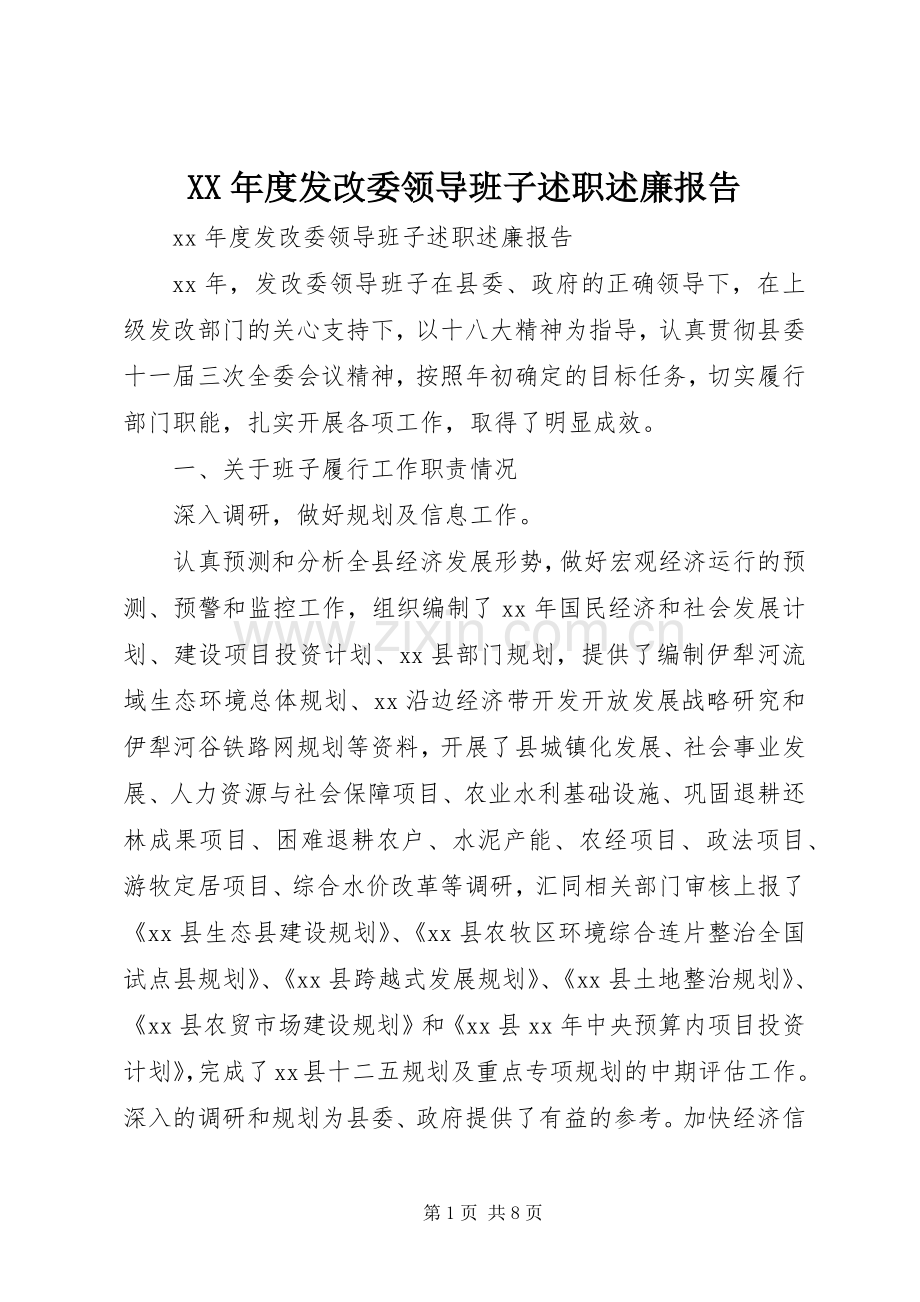 XX年度发改委领导班子述职述廉报告.docx_第1页