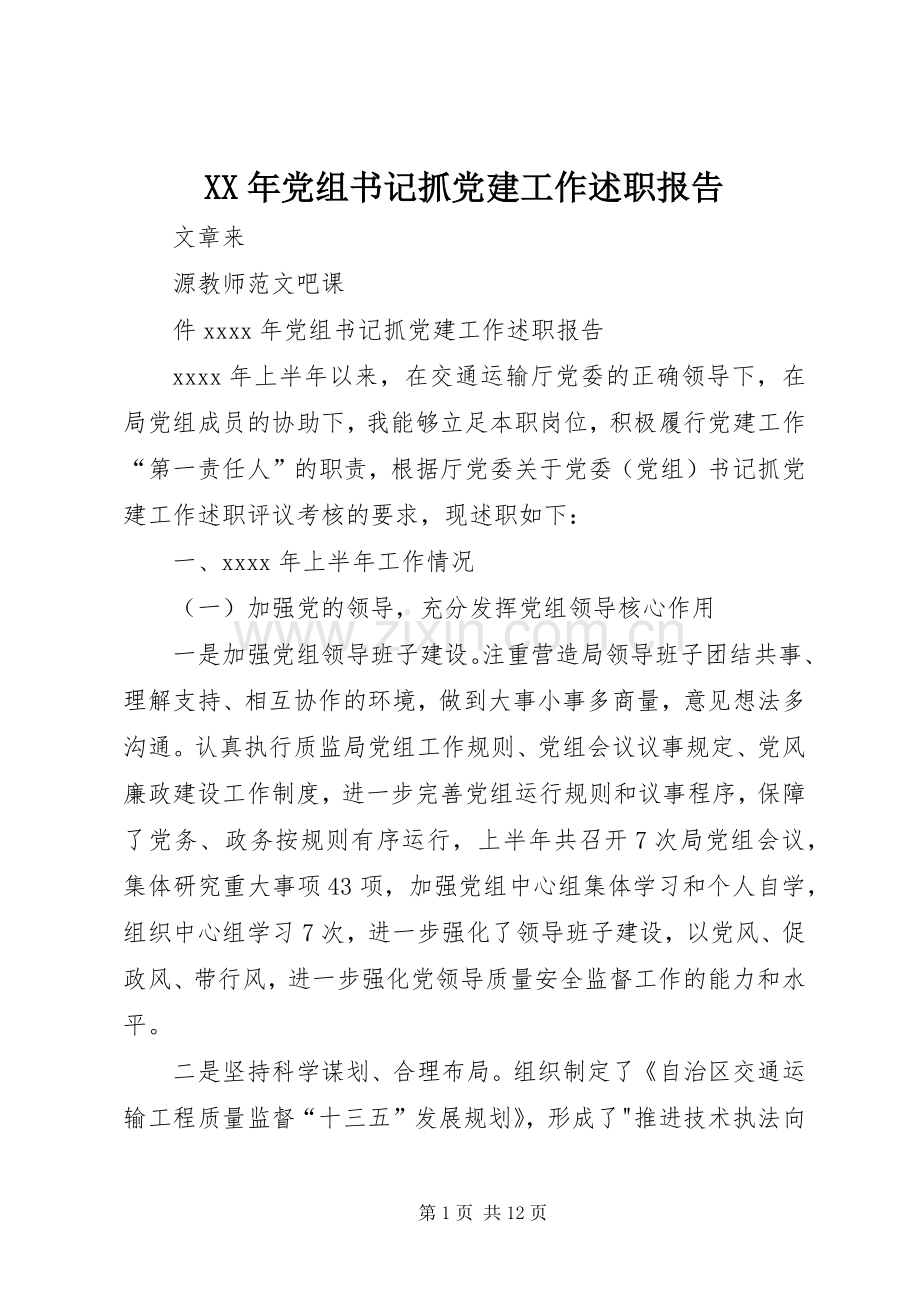 XX年党组书记抓党建工作述职报告.docx_第1页