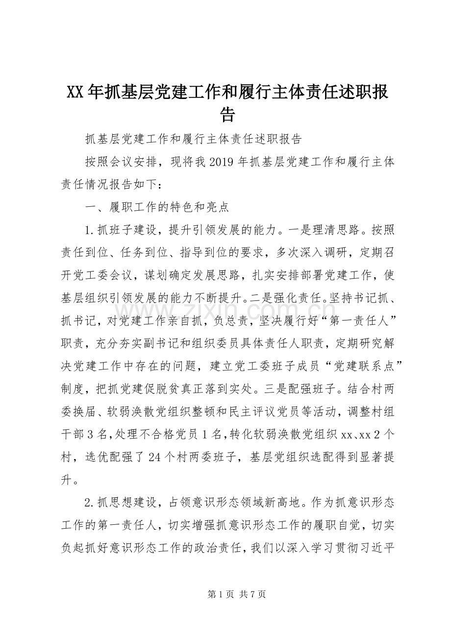 XX年抓基层党建工作和履行主体责任述职报告.docx_第1页