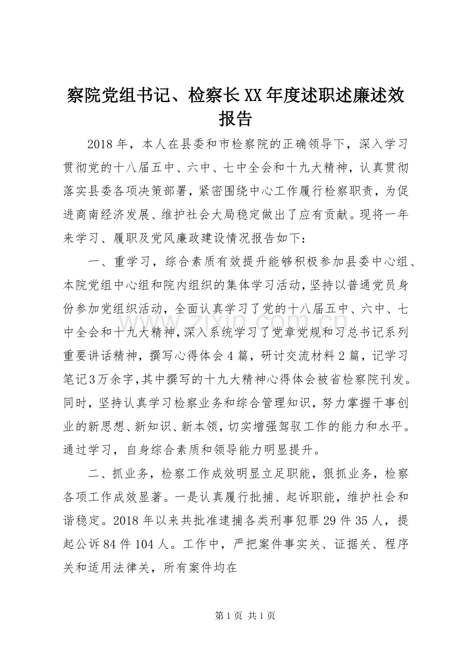 察院党组书记、检察长XX年度述职述廉述效报告.docx_第1页