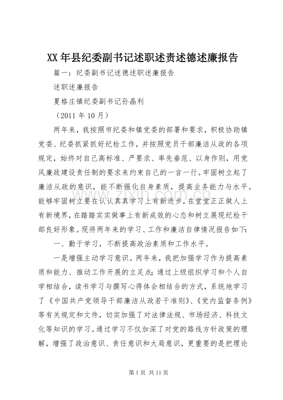 XX年县纪委副书记述职述责述德述廉报告.docx_第1页