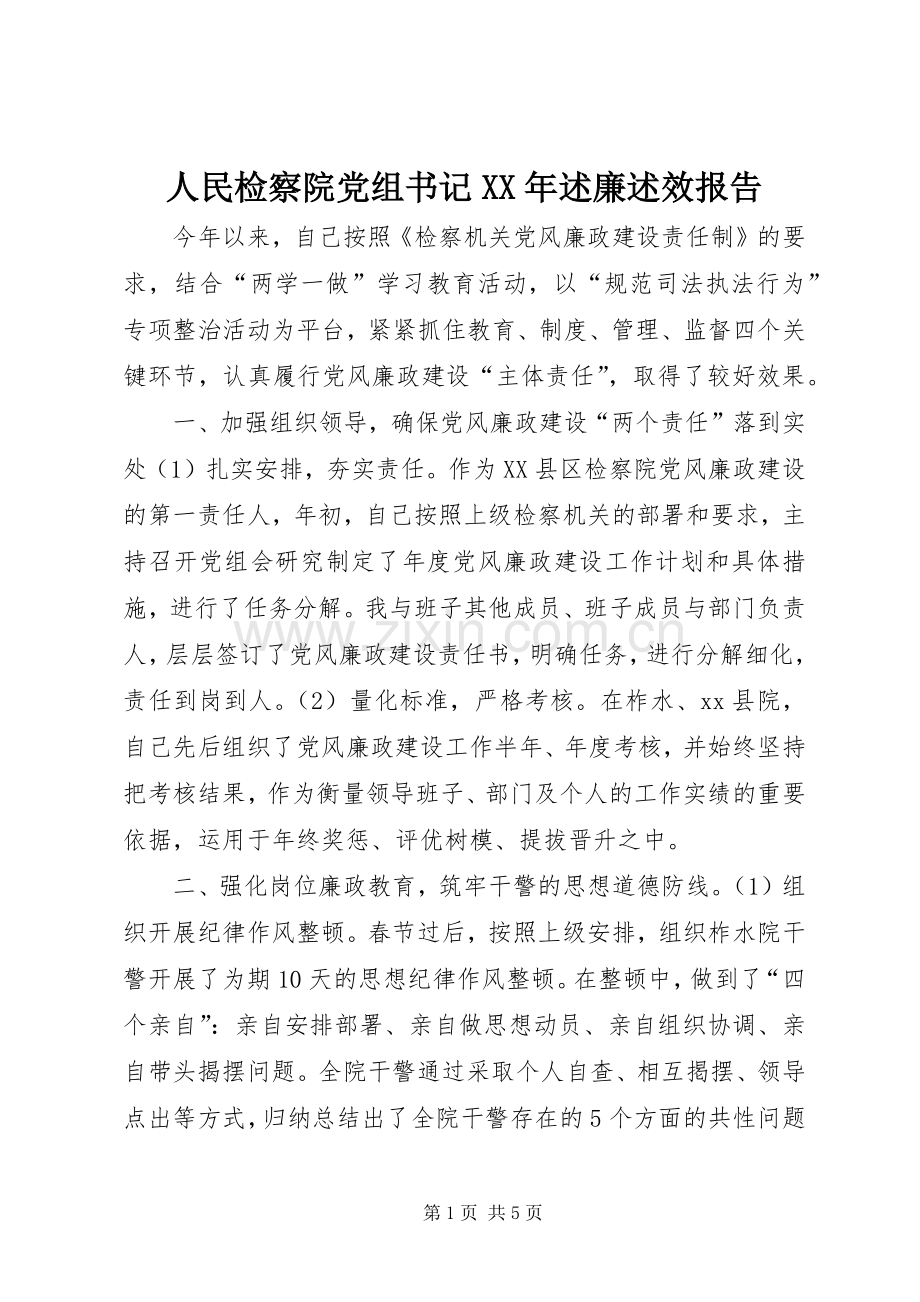 人民检察院党组书记XX年述廉述效报告.docx_第1页