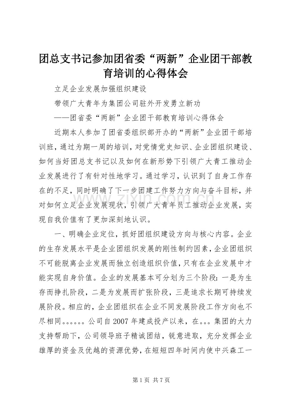 团总支书记参加团省委“两新”企业团干部教育培训的心得体会.docx_第1页