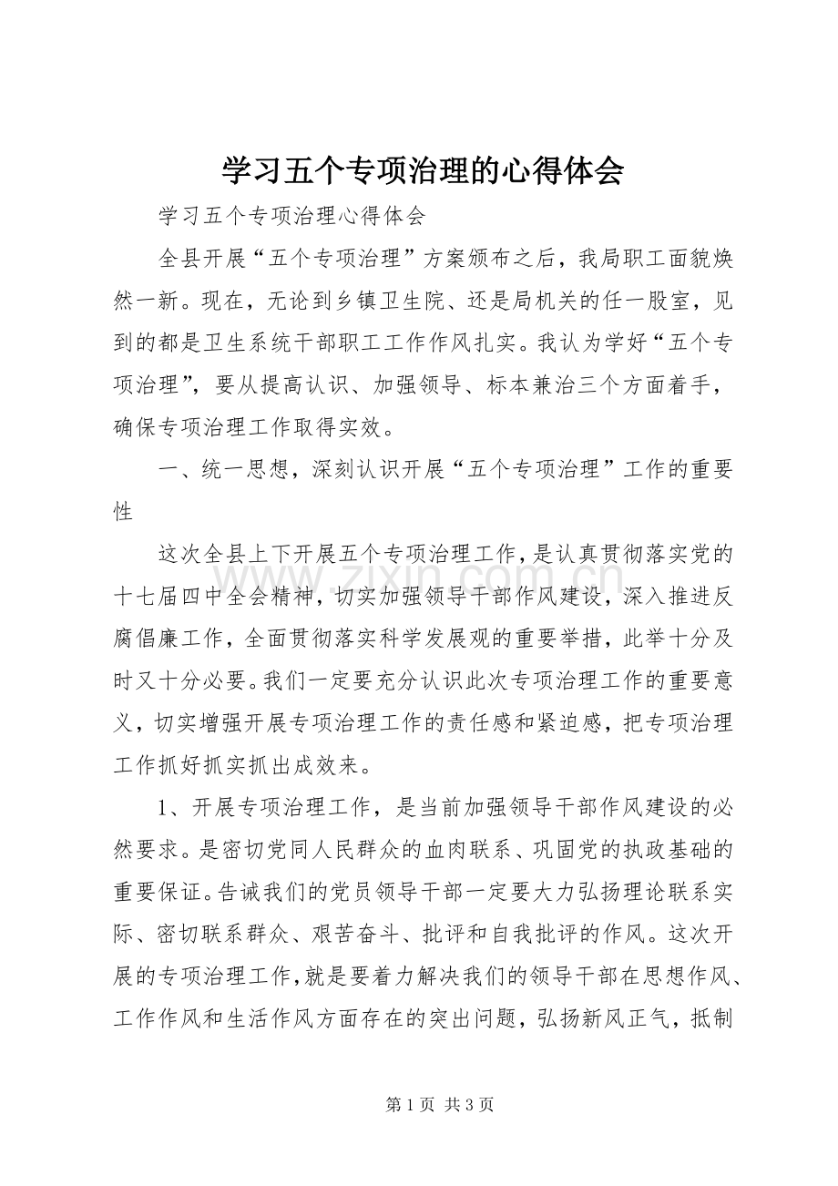 学习五个专项治理的心得体会.docx_第1页