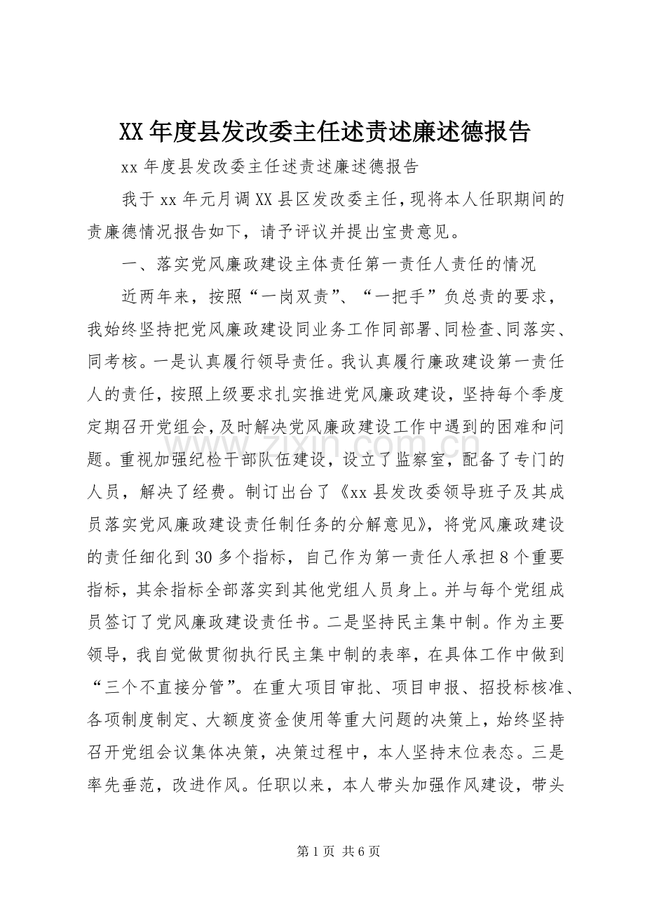 XX年度县发改委主任述责述廉述德报告.docx_第1页