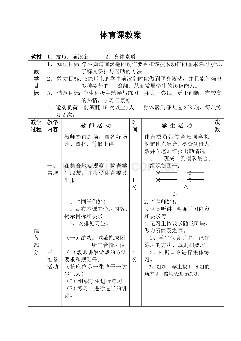 体育课教案(前滚翻、身体素质).doc_第1页