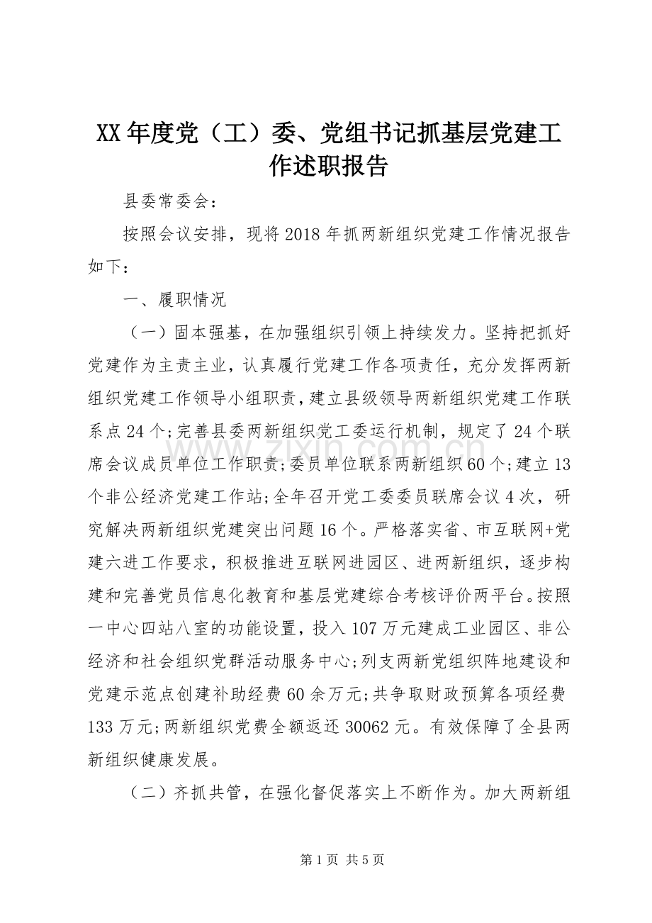 XX年度党（工）委、党组书记抓基层党建工作述职报告.docx_第1页