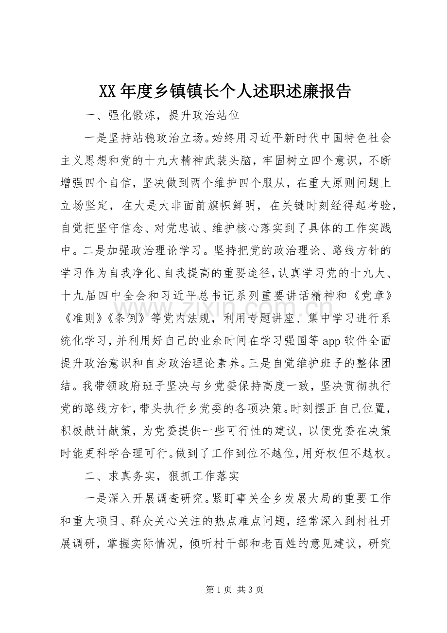 XX年度乡镇镇长个人述职述廉报告.docx_第1页