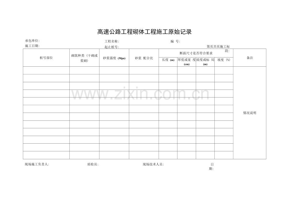 高速公路工程砌体工程施工原始记录.docx_第1页