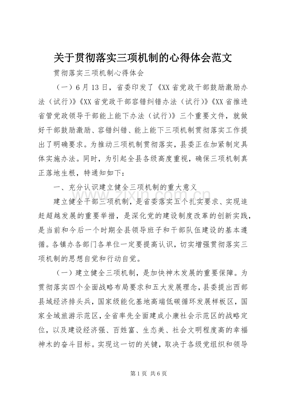 关于贯彻落实三项机制的心得体会范文.docx_第1页