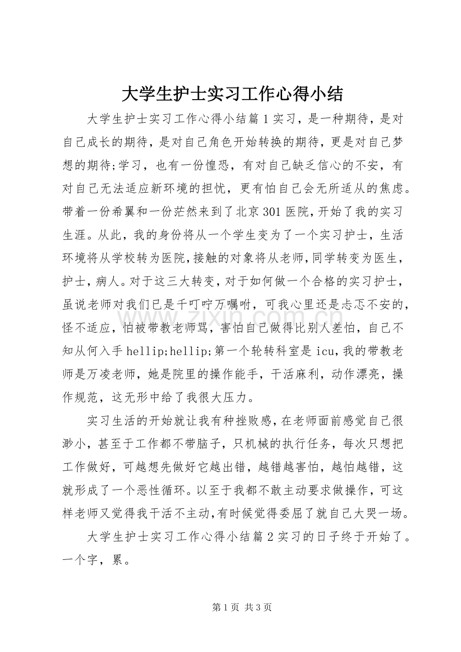 大学生护士实习工作心得小结.docx_第1页