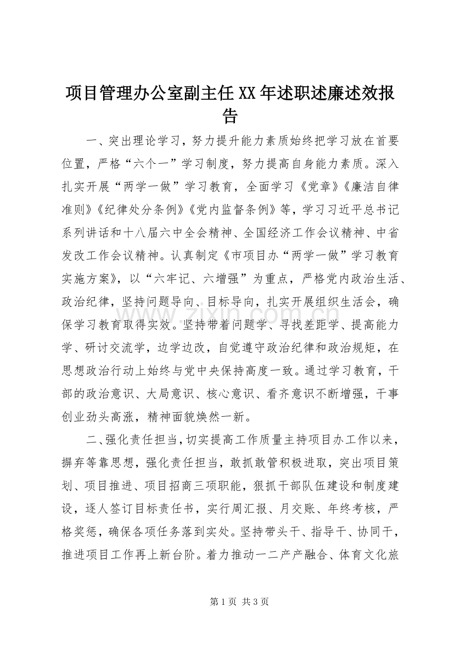 项目管理办公室副主任XX年述职述廉述效报告.docx_第1页