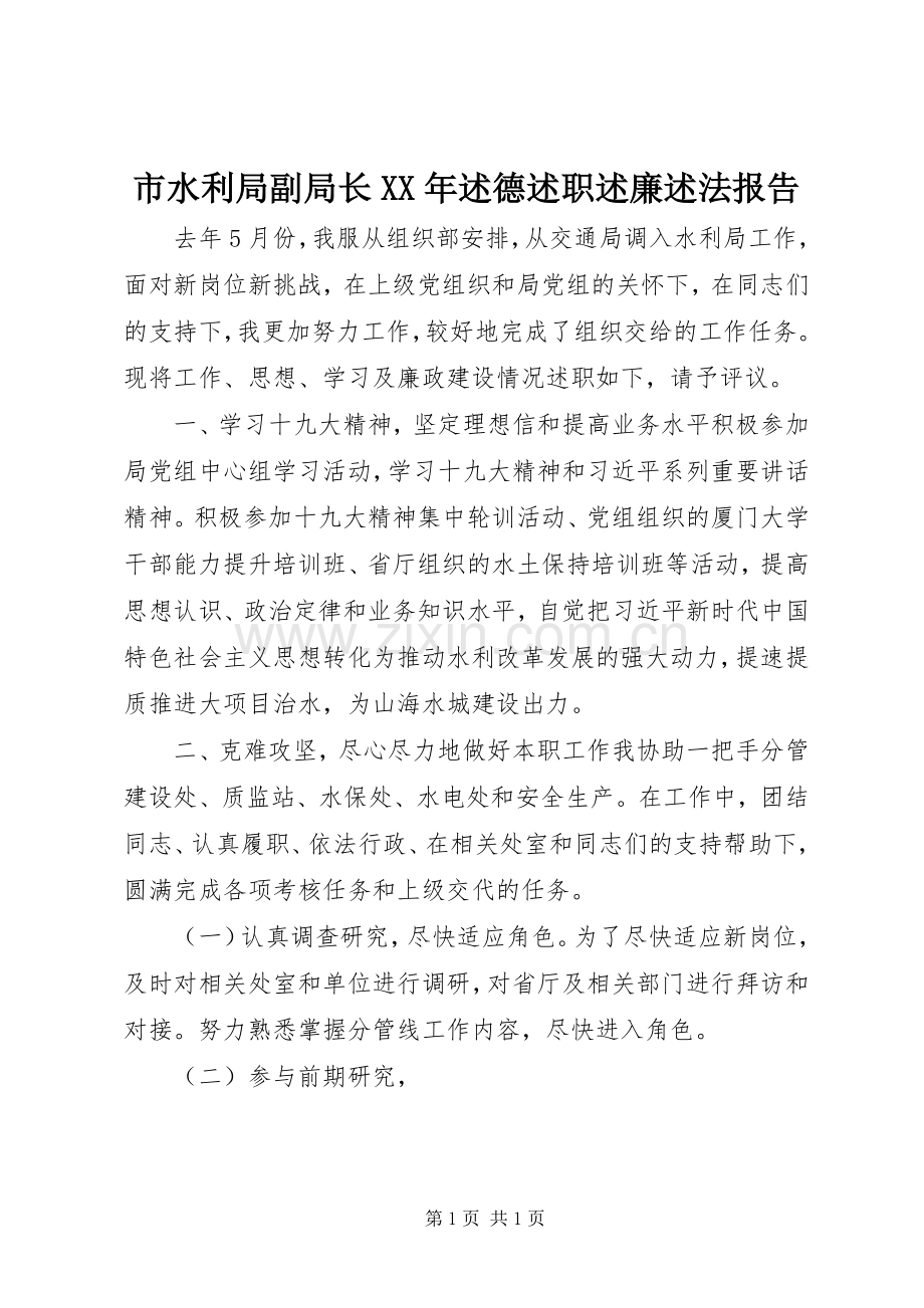 市水利局副局长XX年述德述职述廉述法报告.docx_第1页