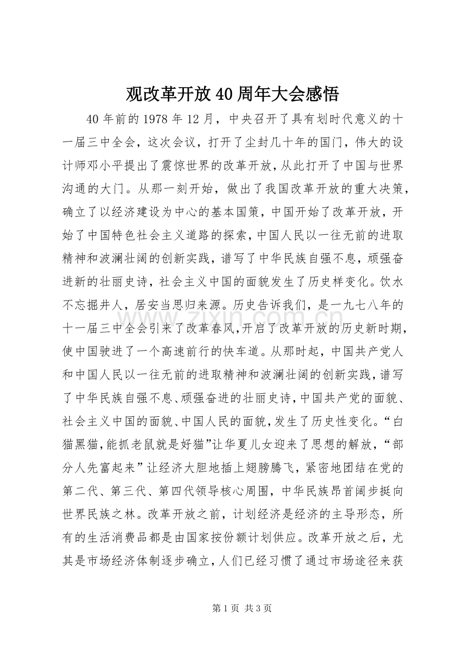 观改革开放40周年大会感悟.docx_第1页