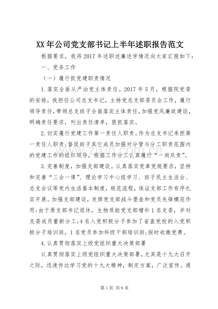 XX年公司党支部书记上半年述职报告范文.docx_第1页