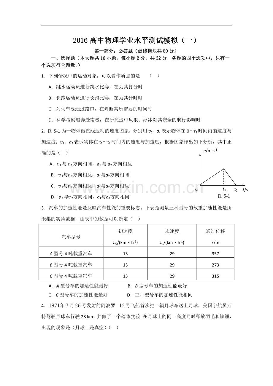 2016甘肃漳县一中物理学业水平测试卷一.doc_第1页