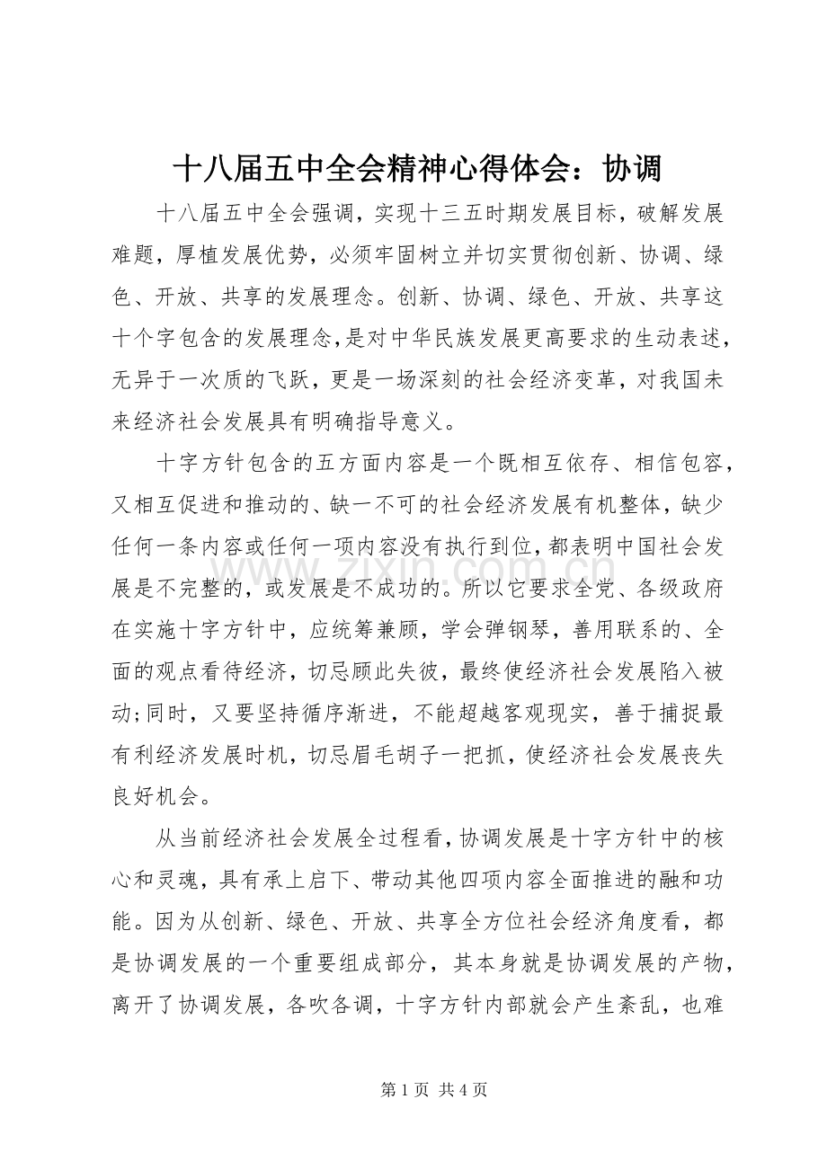 十八届五中全会精神心得体会：协调.docx_第1页