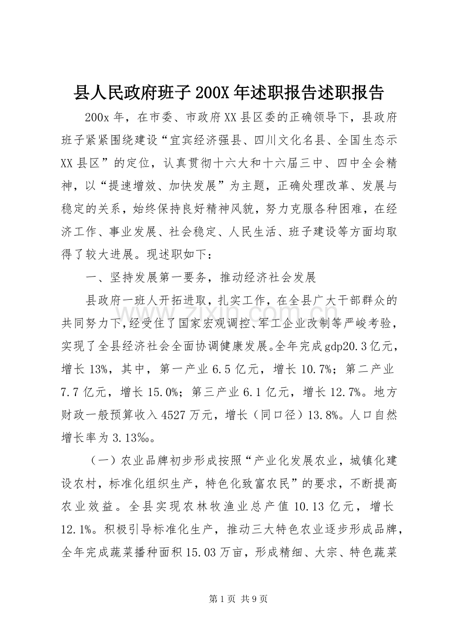 县人民政府班子200X年述职报告述职报告.docx_第1页