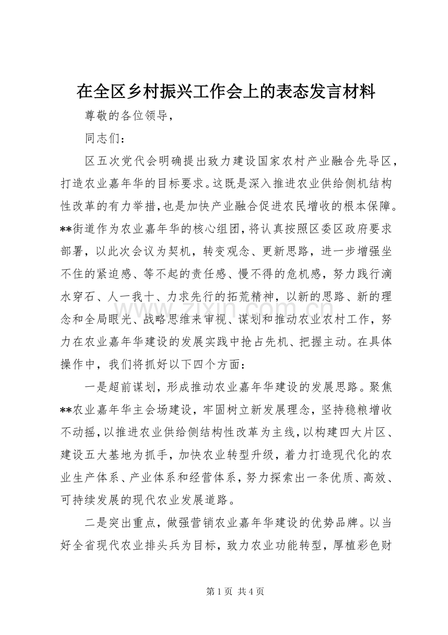 在全区乡村振兴工作会上的表态发言材料.docx_第1页