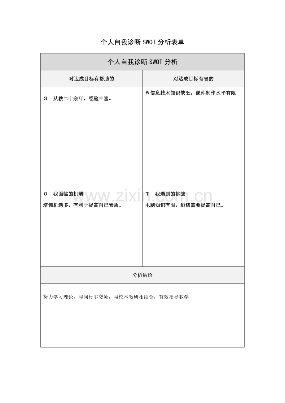 个人自我诊断SWOT分析表().doc_第1页